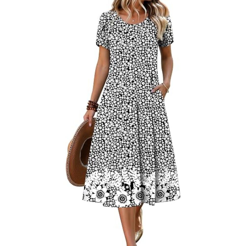 Women's Black Floral Blend Crew-Neck A-Line Short Sleeve Flowy Boho Sundress